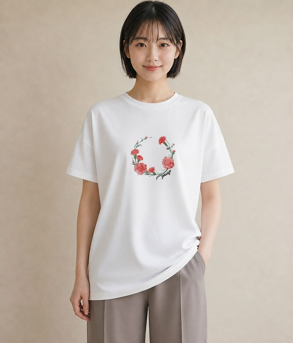 プリントTシャツ レディース カーネーション 花 花柄 イラスト モード 買い物 夏コーデ 白T
