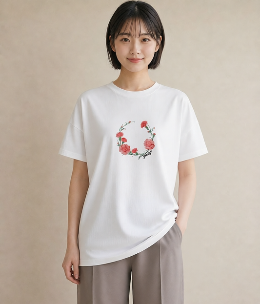 プリントTシャツ レディース カーネーション 花 花柄 イラスト モード 買い物 夏コーデ 白T YMAZO