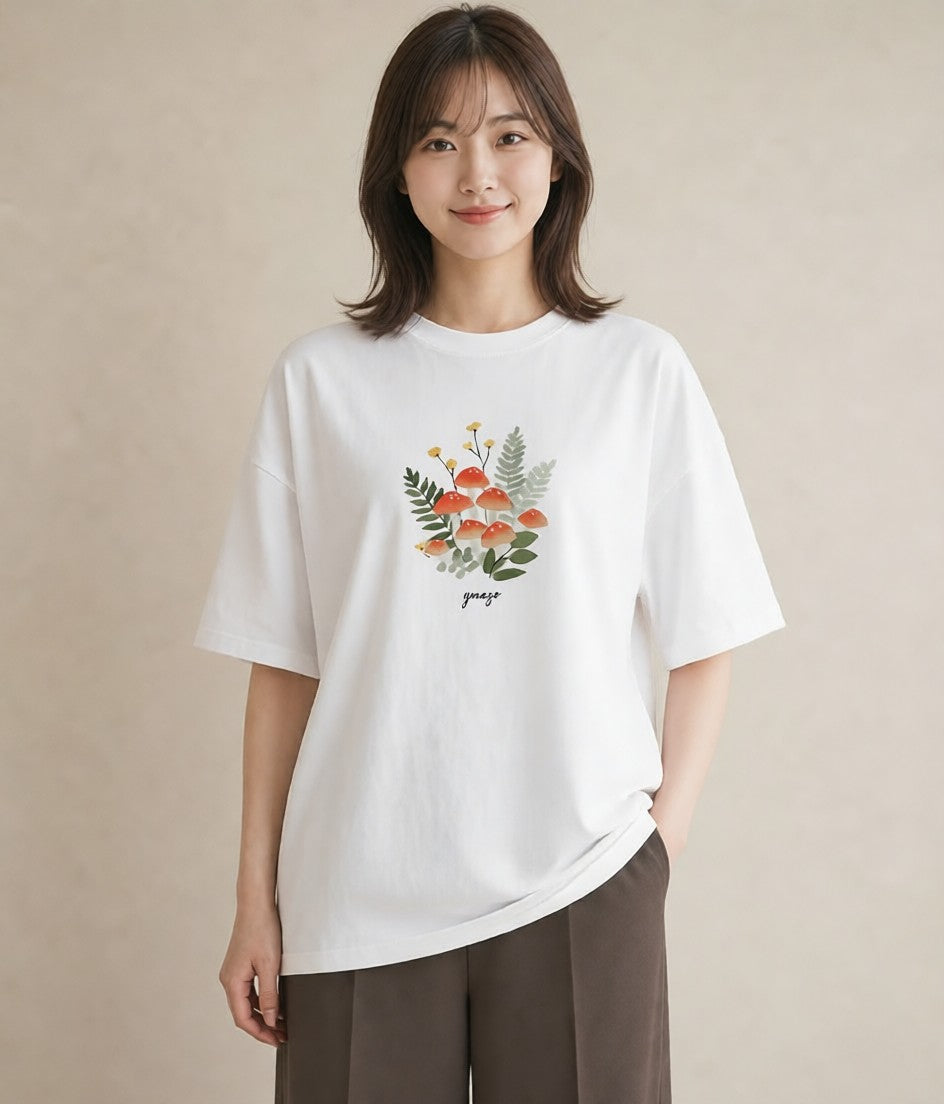 プリントTシャツ レディース きのこ 植物 ボタニカル イラスト きれいめカジュアル 在宅 公園 白T YMAZO