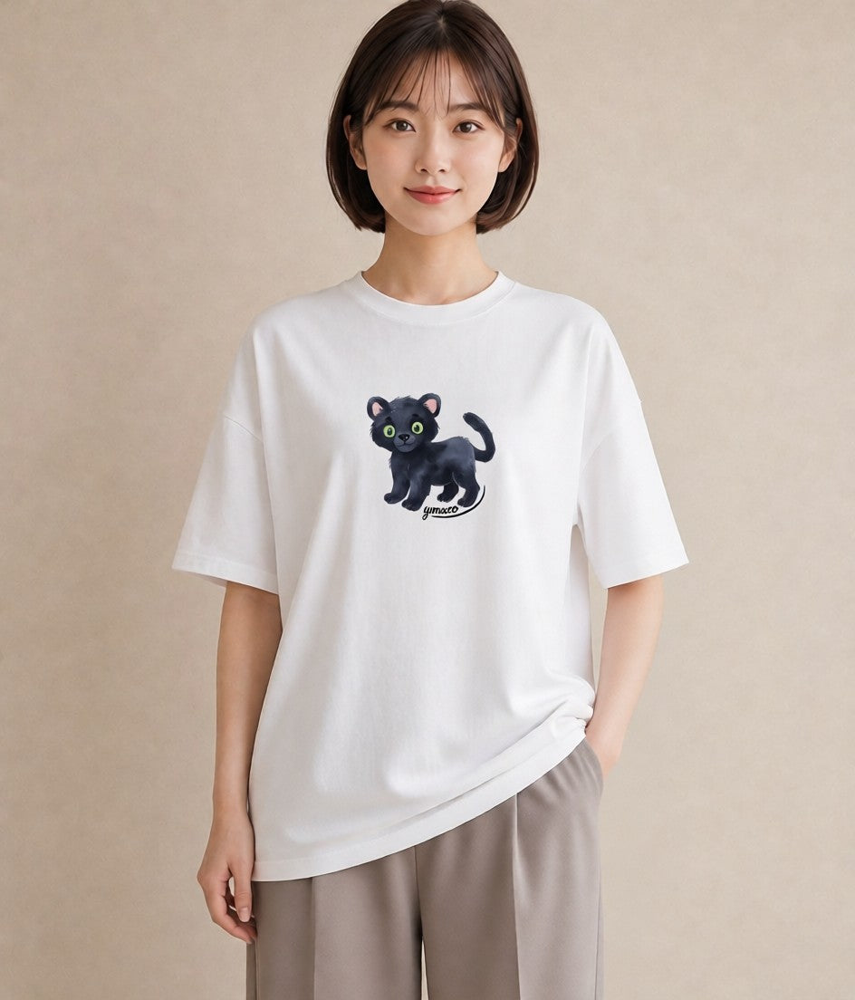 Tシャツ レディース 黒猫 猫 ねこ イラスト 可愛い 通学 誕生日プレゼント 白T YMAZO