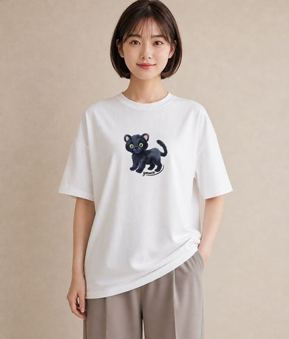 Tシャツ レディース 黒猫 猫 ねこ イラスト 可愛い 通学 誕生日プレゼント 白T YMAZO