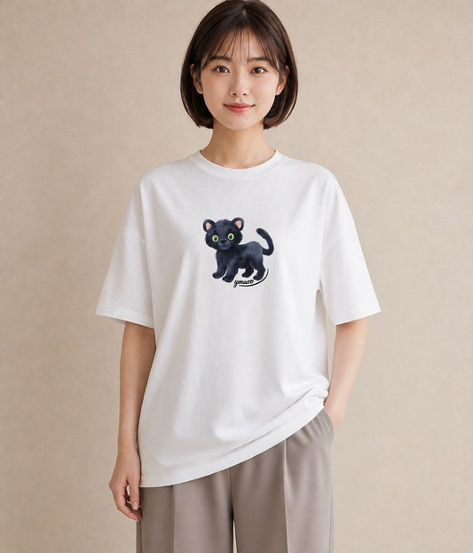 Tシャツ レディース 黒猫 猫 ねこ イラスト 可愛い 通学 誕生日プレゼント 白T YMAZO