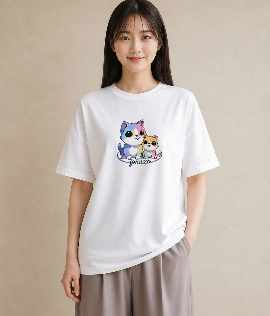 プリントTシャツ レディース ニャンコ 猫 ねこ イラスト モード お出かけ 普段着 白T YMAZO