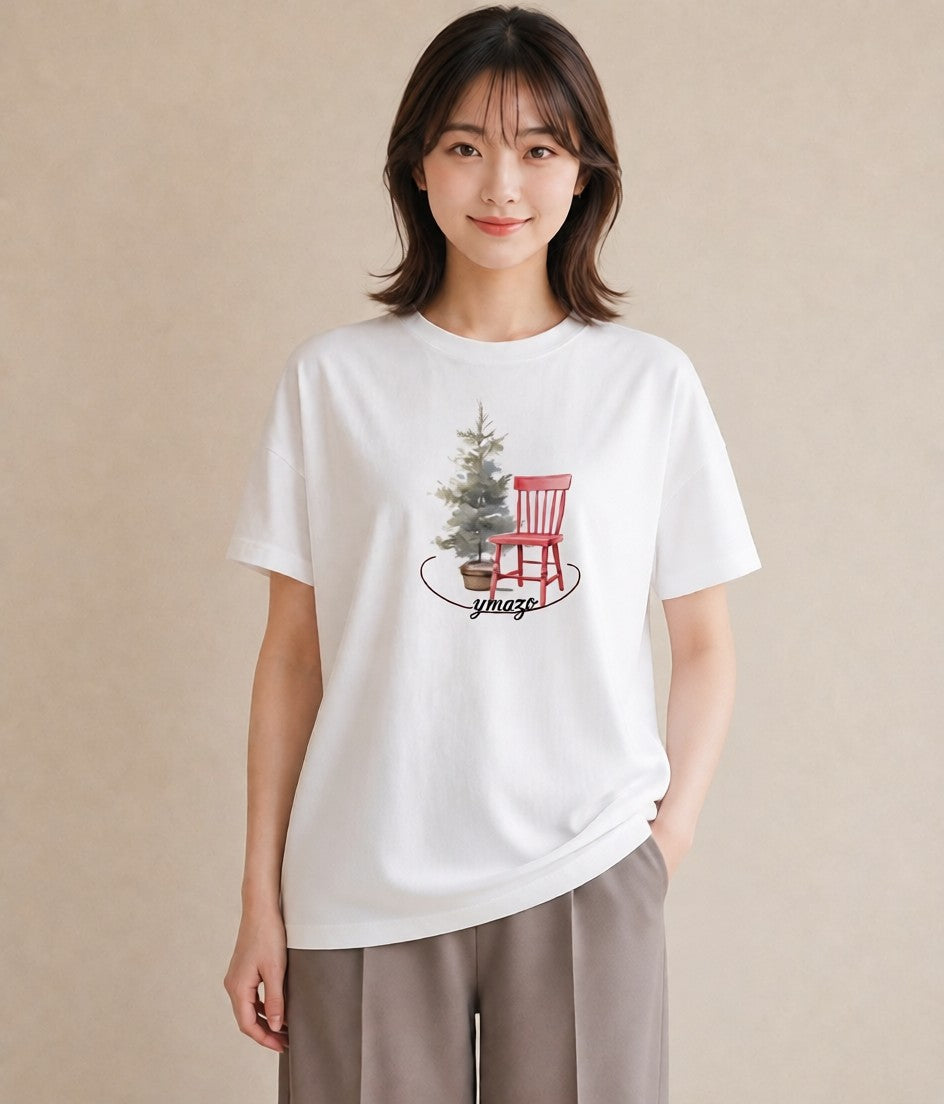 デザインTシャツ レディース 窓辺の椅子 窓辺 椅子 ナチュラル アンティーク イラスト こなれ感 通学 誕生日プレゼント 白T YMAZO