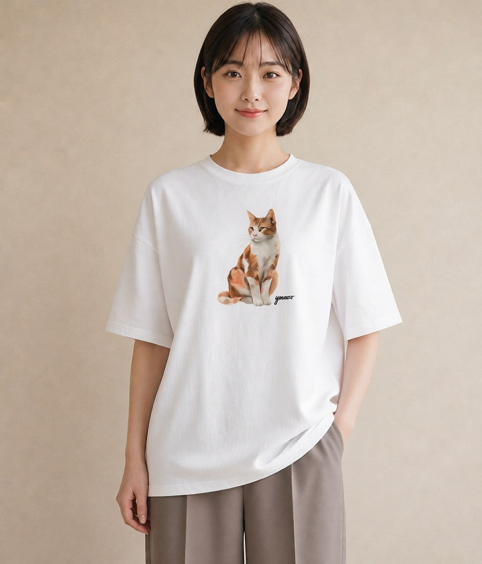 グラフィックTシャツ レディース 肉球 猫 ねこ イラスト カフェコーデ カジュアルコーデ 買い物 白T YMAZO
