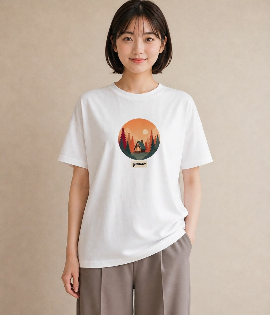 Tシャツ レディース 湖畔の小屋 湖 小屋 ナチュラル アンティーク イラスト ユニーク 旅行 母娘コーデ 白T YMAZO