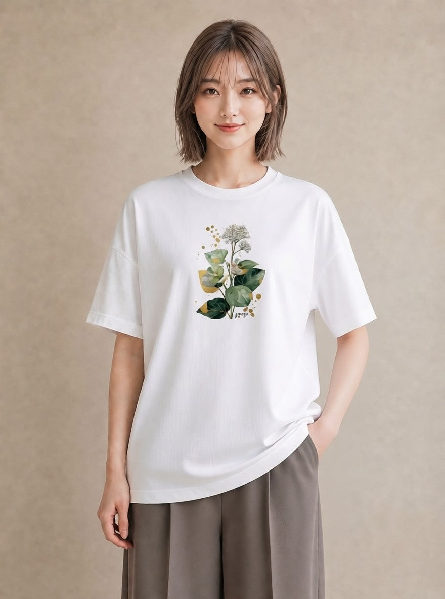 Tシャツ レディース クローバー 四つ葉 花 花柄 イラスト ゆるコーデ デート 帰省 白T YMAZO