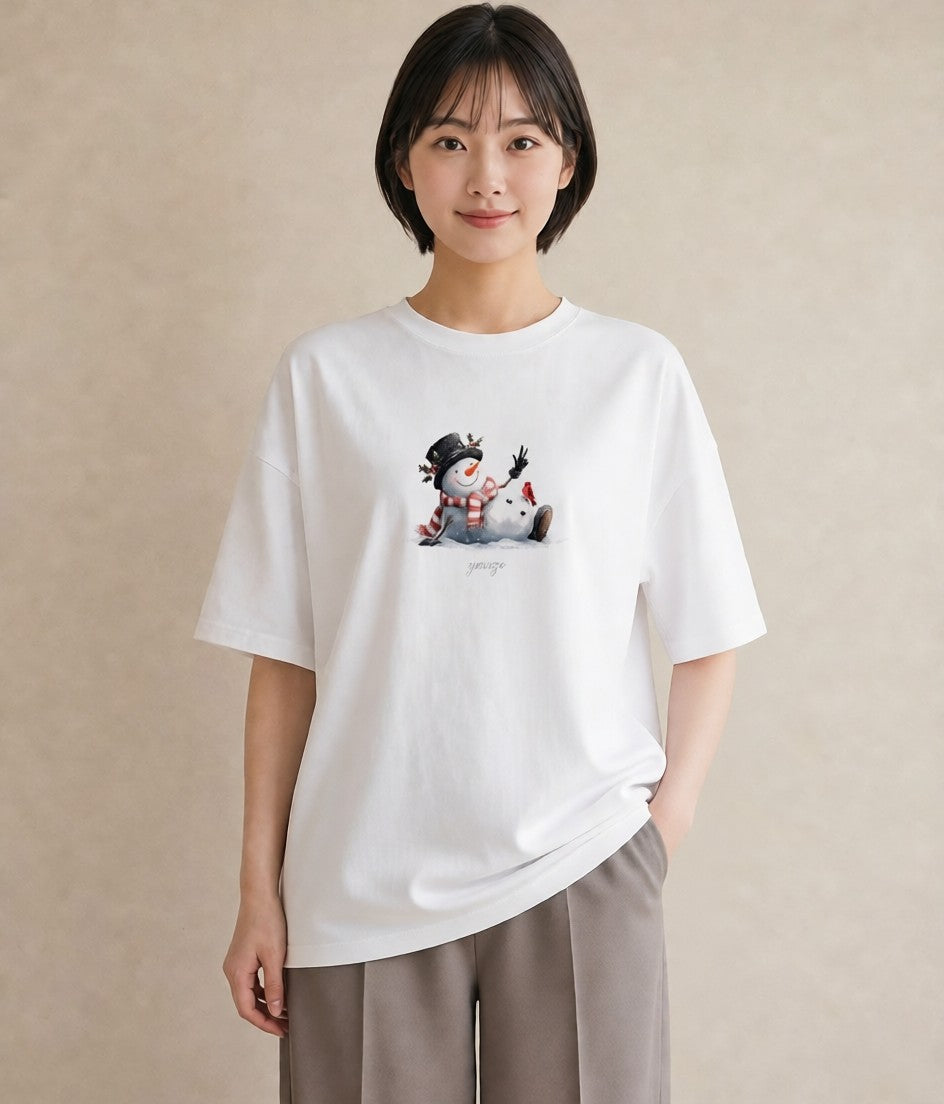 半袖Tシャツ レディース 雪 星空 宇宙 イラスト ゆるかわ 在宅 公園 白T YMAZO