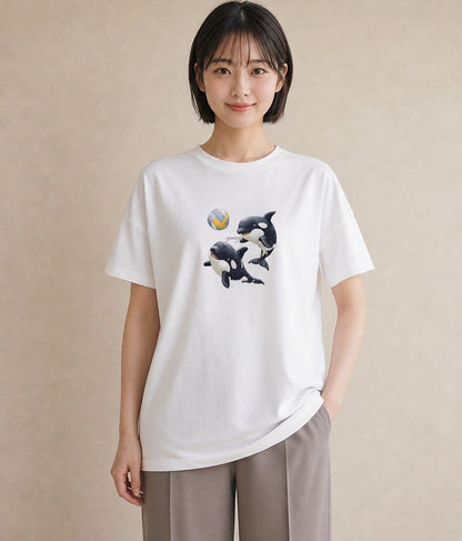 Tシャツ レディース シャチ 海の生き物 海 イラスト ラフ 在宅 公園 白T YMAZO