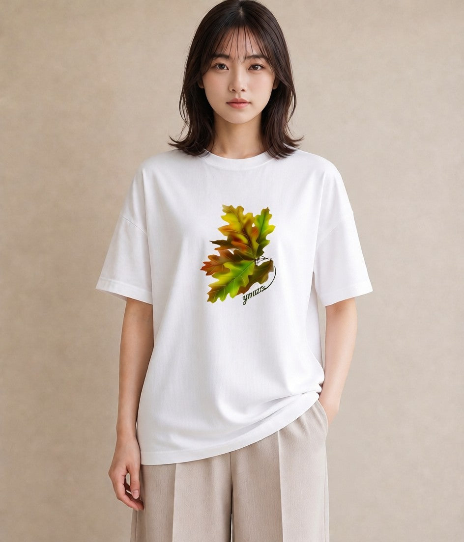 グラフィックTシャツ レディース 落ち葉 植物 ボタニカル イラスト ミセス 春コーデ 白T YMAZO