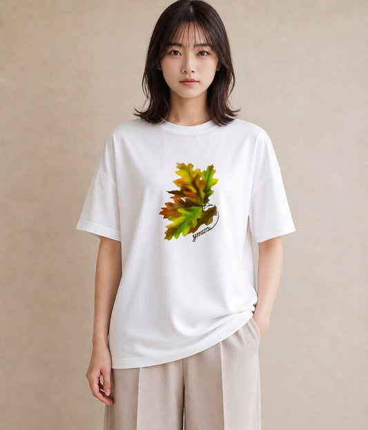 グラフィックTシャツ レディース 落ち葉 植物 ボタニカル イラスト ミセス 春コーデ 白T YMAZO