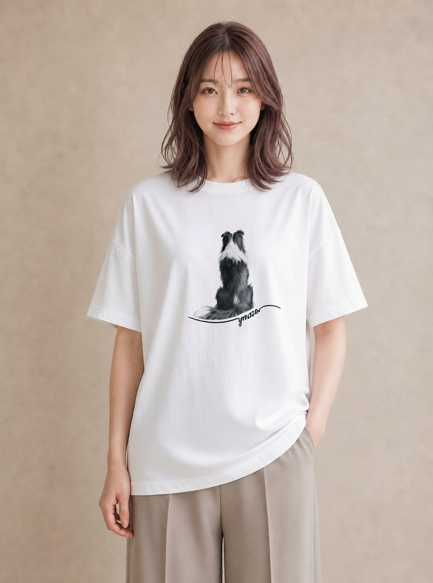 デザインTシャツ レディース ボーダーコリー 犬 いぬ イラスト ラフカジュアル 公園 ママ 白T YMAZO
