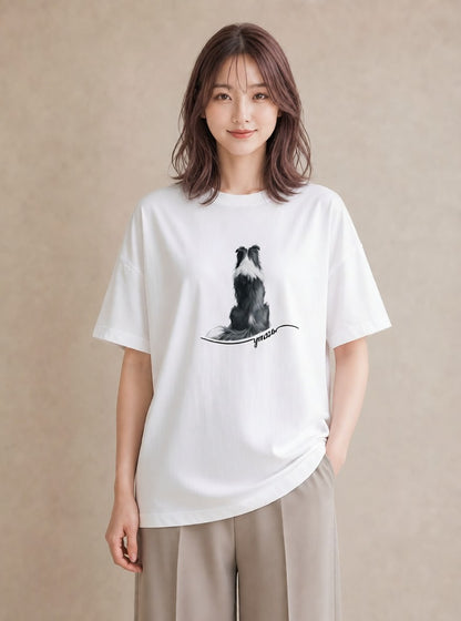 デザインTシャツ レディース ボーダーコリー 犬 いぬ イラスト ラフカジュアル 公園 ママ 白T YMAZO