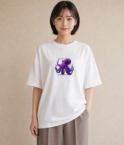 プリントTシャツ レディース イカ 海の生き物 海 イラスト 普段使い 旅行 母娘コーデ 白T YMAZO