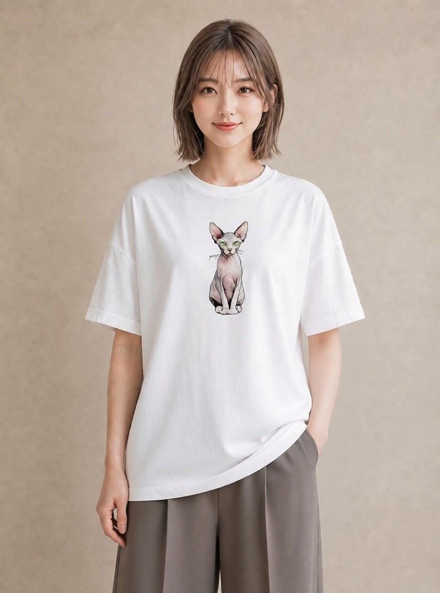 グラフィックTシャツ レディース おすわり猫 猫 ねこ イラスト きれいめカジュアル デイリーウェア 休日 白T YMAZO