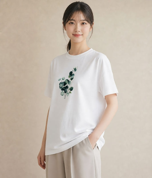 半袖Tシャツ レディース ユーカリ 植物 ボタニカル イラスト きれいめ 母の日 ビーチ 白T YMAZO