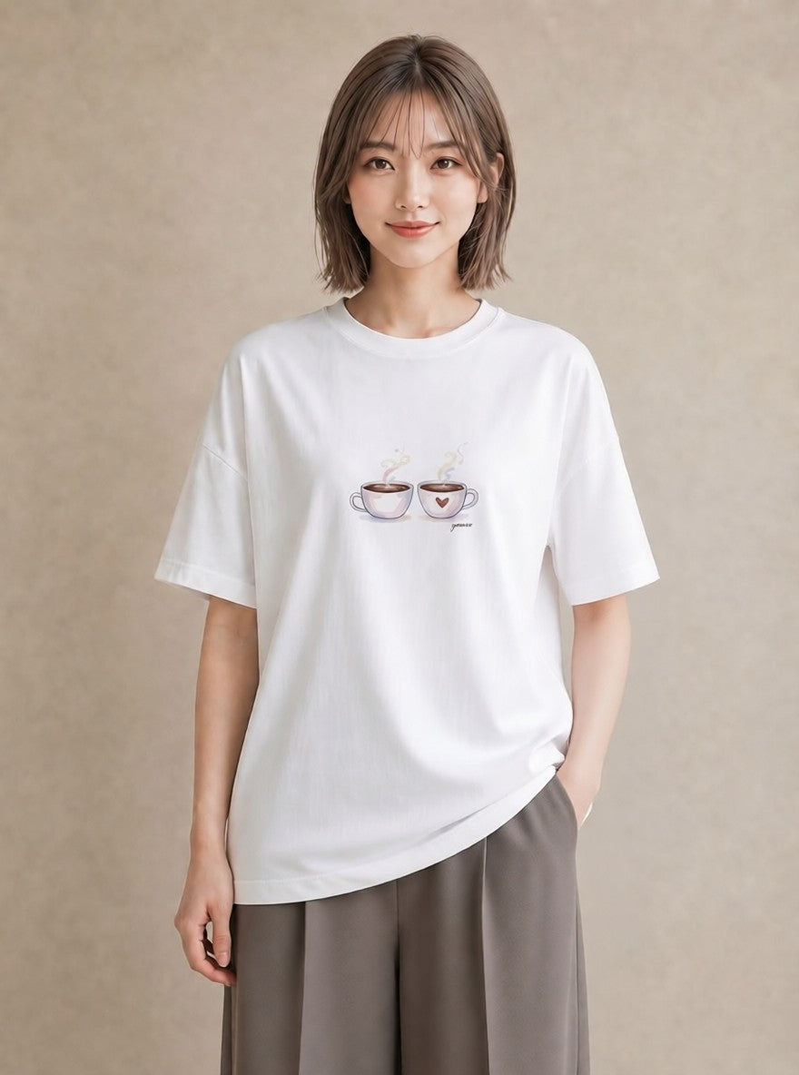 Tシャツ レディース コーヒー カフェ 珈琲 イラスト 上品 クリスマス 旅行 白T YMAZO