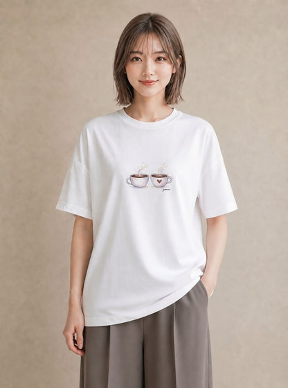 Tシャツ レディース コーヒー カフェ 珈琲 イラスト 上品 クリスマス 旅行 白T YMAZO