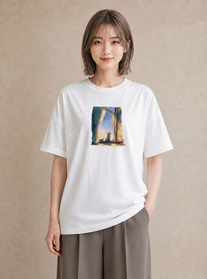 Tシャツ レディース 灯りの家 小屋 夜 ナチュラル アンティーク イラスト ヴィンテージ風 ママ カフェ服 白T YMAZO
