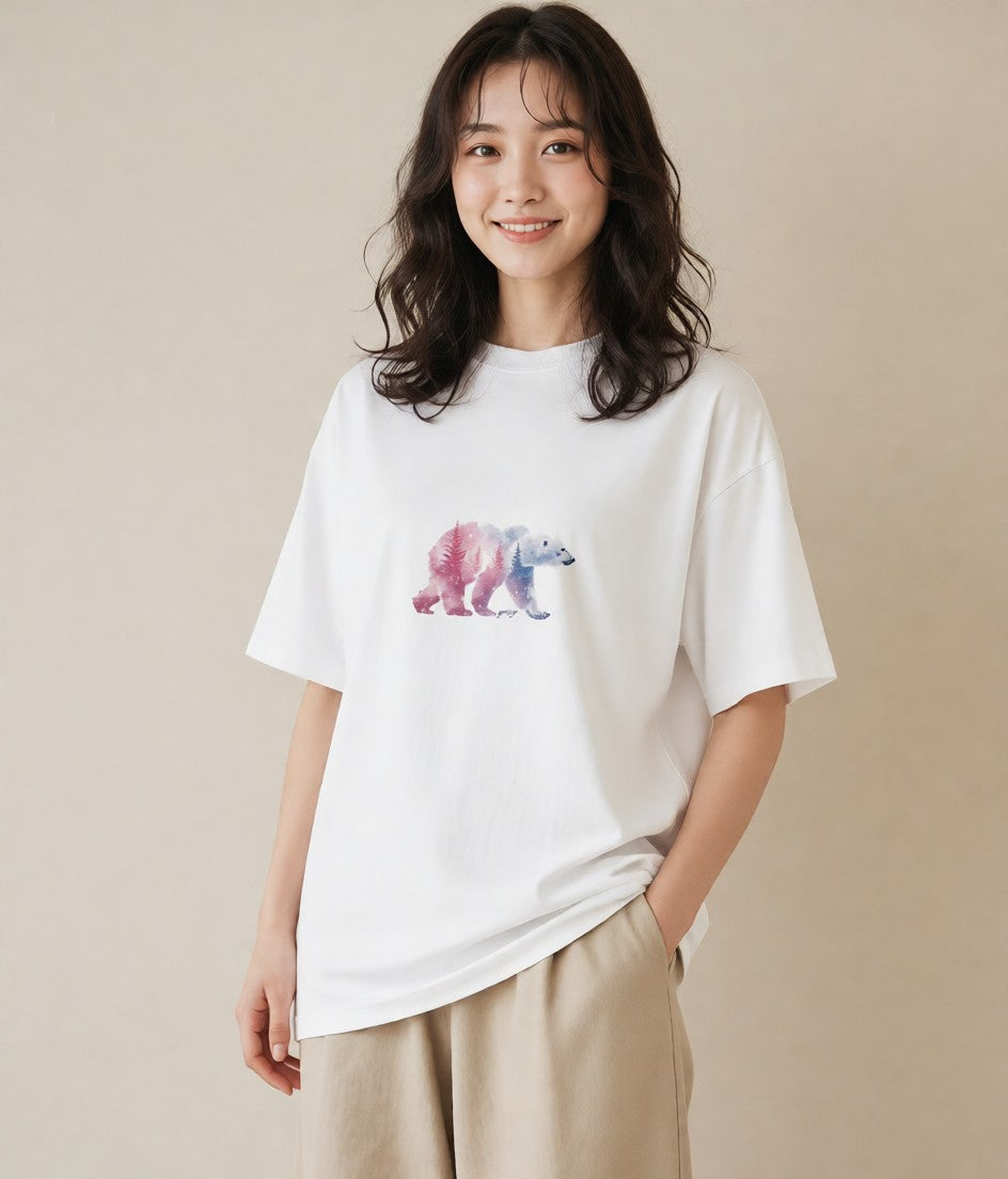 プリントTシャツ レディース オーロラ 星空 宇宙 イラスト 普段使い 散歩 お出かけ 白T YMAZO