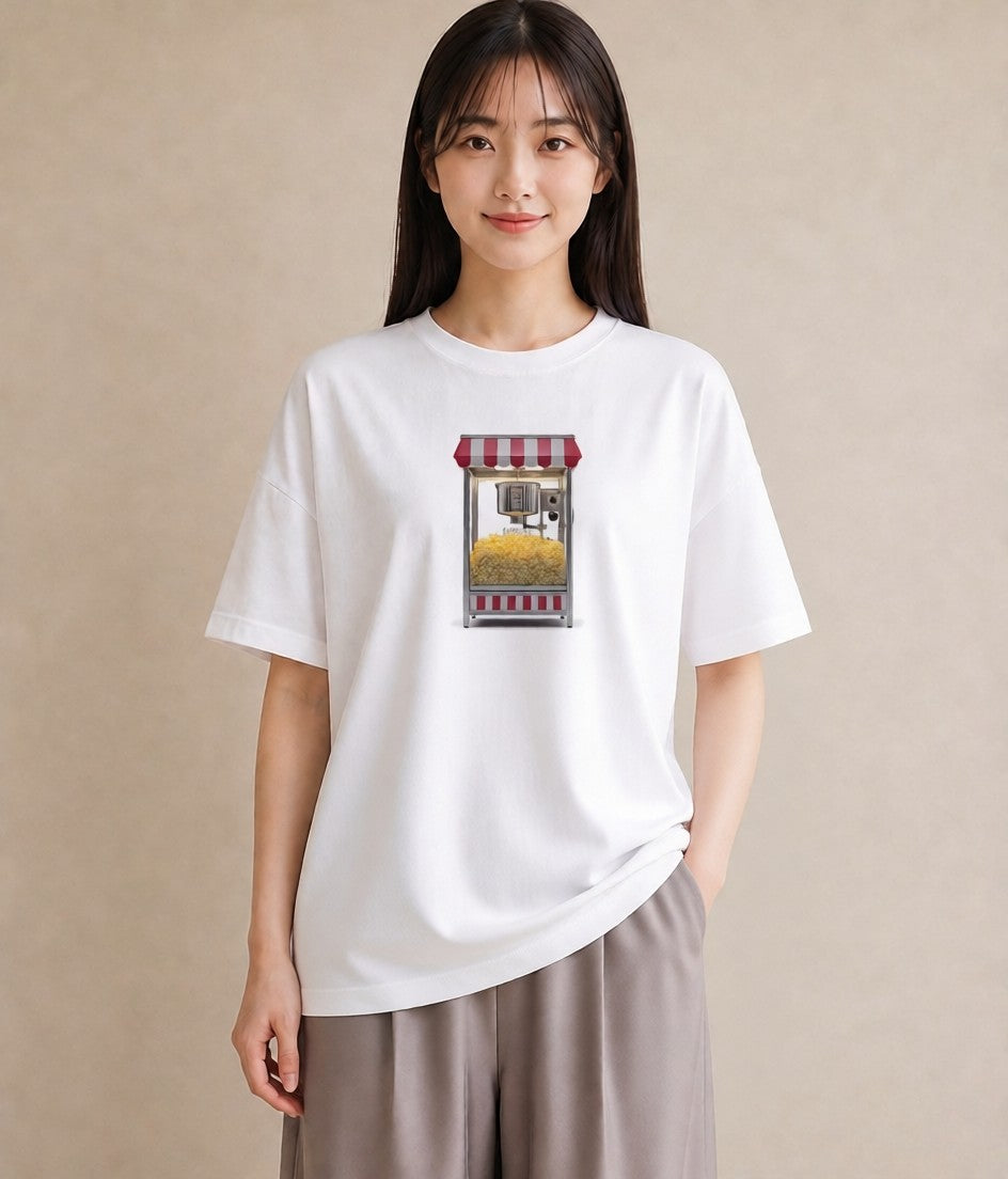 プリントTシャツ レディース ポップコーン 食べ物 フード イラスト ラフカジュアル 通勤 在宅 白T YMAZO