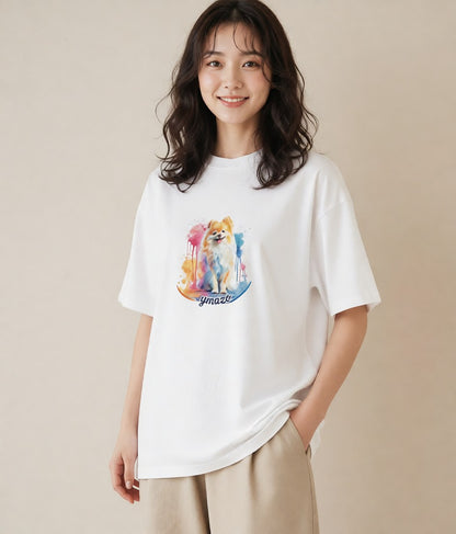 デザインTシャツ レディース ポメラニアン ポメ 犬 いぬ イラスト アート風 友達ギフト 部屋着 白T YMAZO