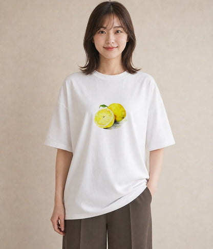 デザインTシャツ レディース レモン 檸檬 食べ物 フード イラスト ミニマル お出かけ 普段着 白T YMAZO