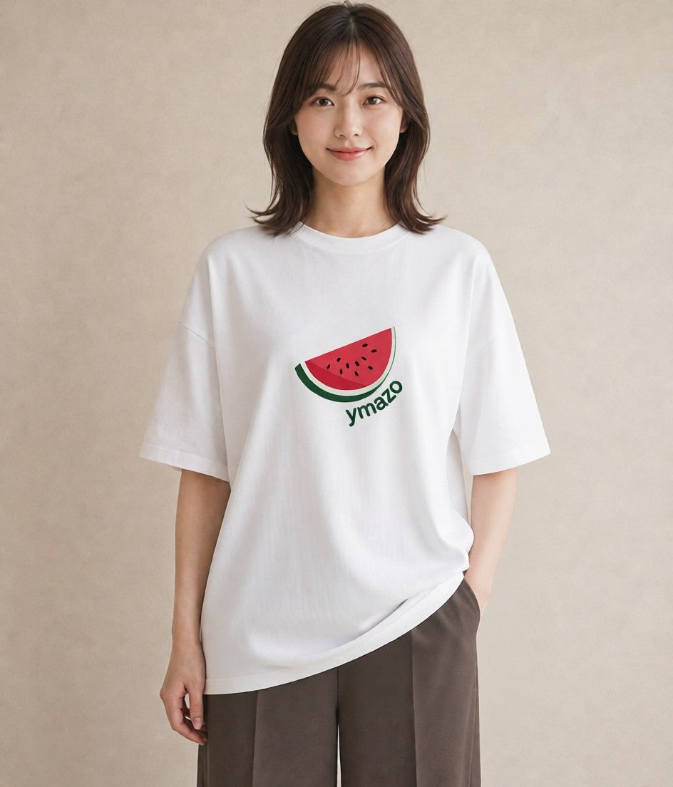 半袖Tシャツ レディース すいか 食べ物 フード イラスト ボタニカル 夏コーデ 通学 白T YMAZO
