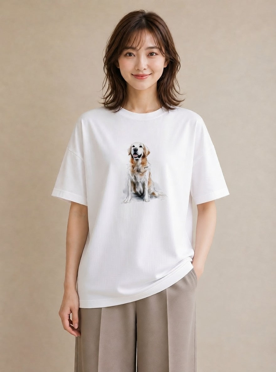 プリントTシャツ レディース ゴールデンレトリバー ゴールデン 犬 いぬ イラスト ガーリー 親子 20代 白T YMAZO