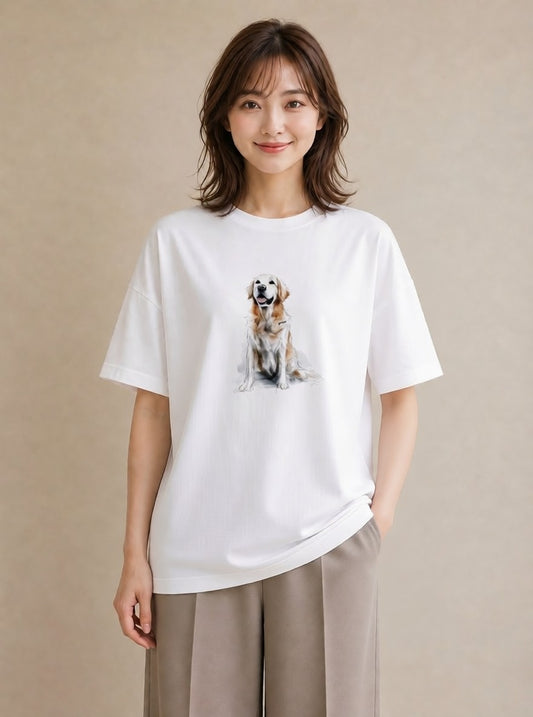 プリントTシャツ レディース ゴールデンレトリバー ゴールデン 犬 いぬ イラスト ガーリー 親子 20代 白T YMAZO