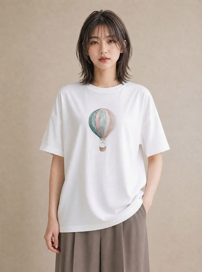 Tシャツ レディース 気球 星空 宇宙 イラスト ミニマル カフェ服 クリスマス 白T YMAZO