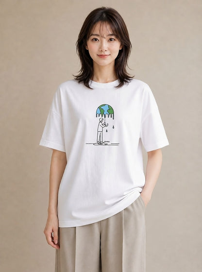 デザインTシャツ レディース 傘 水たまり 雨 ナチュラル アンティーク イラスト ゆるコーデ デート 帰省 白T YMAZO