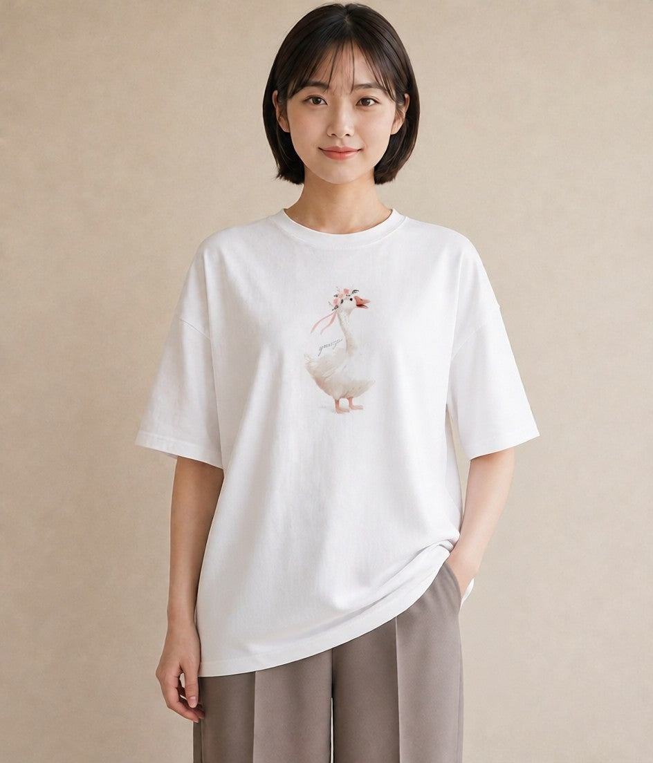 デザインTシャツ レディース アヒル 動物 アニマル イラスト 綿100 デート 白T YMAZO