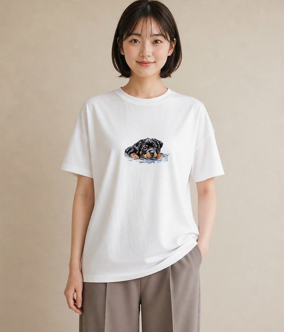 プリントTシャツ レディース 黒柴 犬 いぬ イラスト 韓国風 旅行 母娘コーデ 白T YMAZO