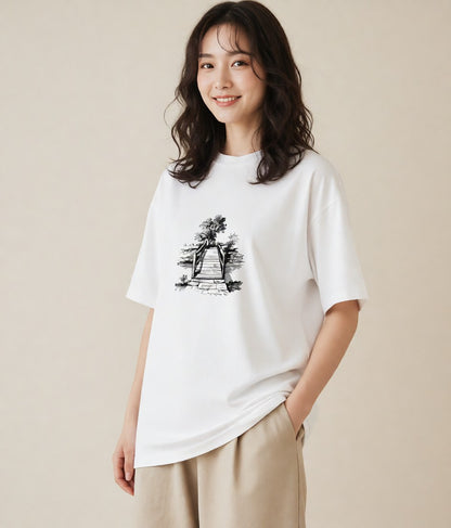 グラフィックTシャツ レディース 小川 橋 せせらぎ ナチュラル アンティーク イラスト ミニマル 誕生日プレゼント 綿100 白T YMAZO