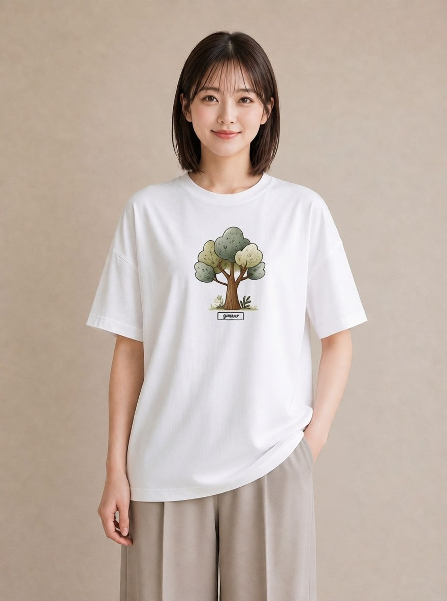半袖Tシャツ レディース どんぐり 植物 ボタニカル イラスト 手描き風 友達ギフト 部屋着 白T YMAZO