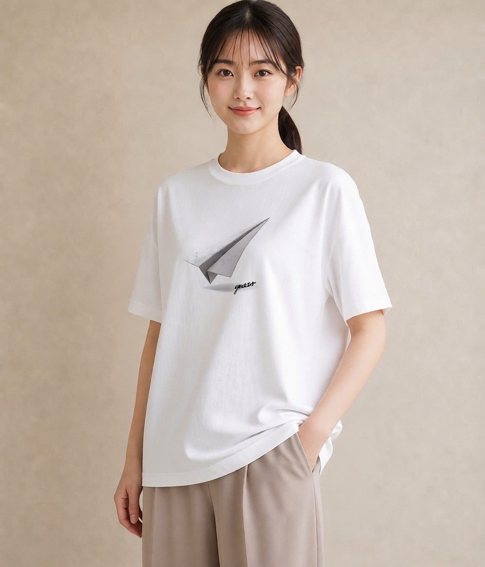 Tシャツ レディース 紙の船 水辺 ナチュラル アンティーク イラスト ラフカジュアル 秋コーデ おしゃれギフト 白T YMAZO
