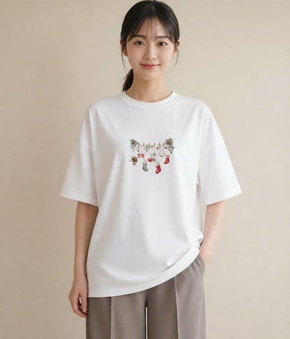 Tシャツ レディース 洗濯物 風 ナチュラル アンティーク イラスト ガーリー 買い物 夏コーデ 白T YMAZO