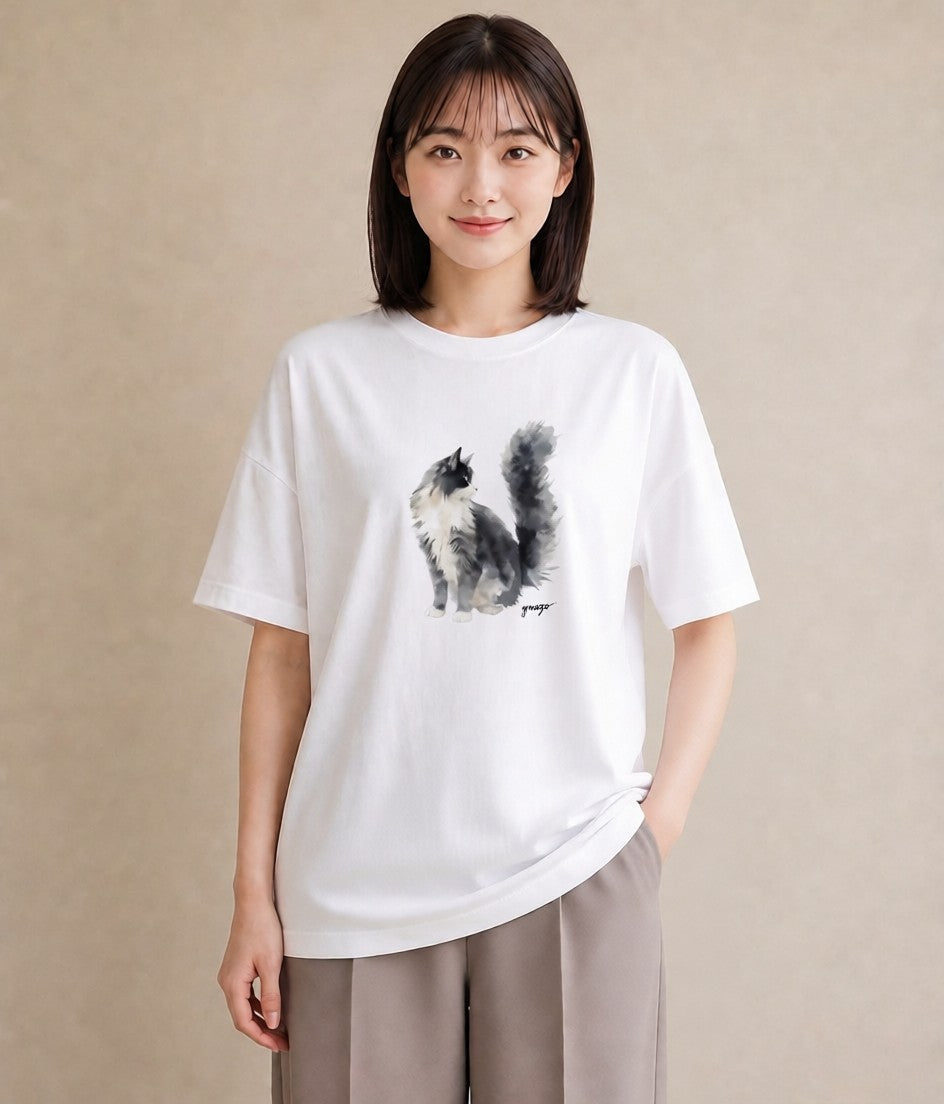 デザインTシャツ レディース ソマリ 猫 ねこ イラスト 上品 誕生日プレゼント 綿100 白T YMAZO
