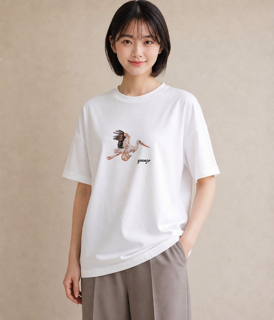 プリントTシャツ レディース 折り鶴 折り紙 ナチュラル アンティーク イラスト フェミニン ラフ レイヤード 白T YMAZO