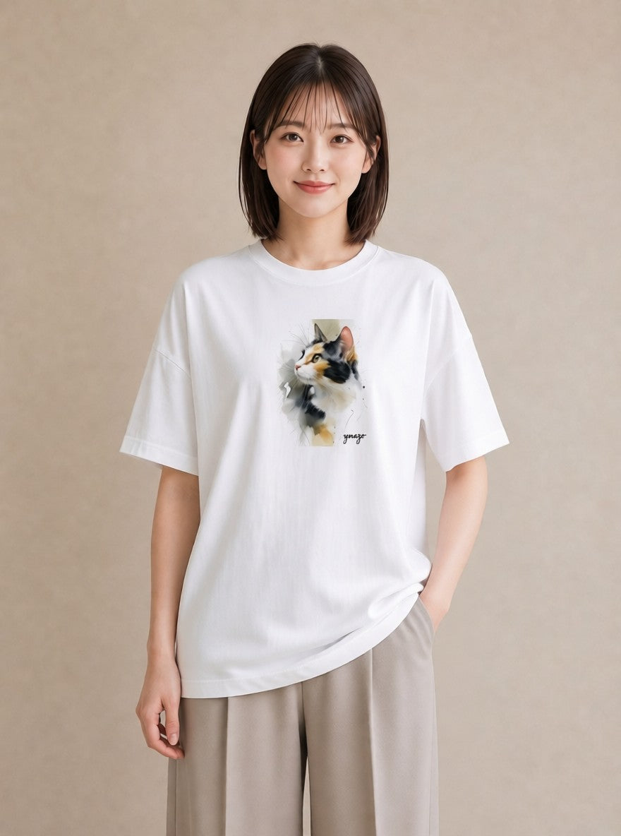 半袖Tシャツ レディース 靴下猫 猫 ねこ イラスト アート風 帰省 ラフ 白T YMAZO
