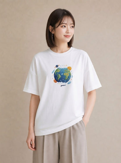 デザインTシャツ レディース プラネット 星空 宇宙 イラスト 抜け感 母の日 ビーチ 白T YMAZO