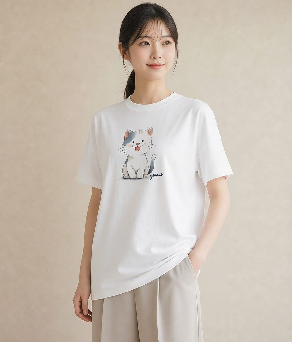 プリントTシャツ レディース ニャンコ 猫 ねこ イラスト 水彩風 デート 帰省 白T YMAZO