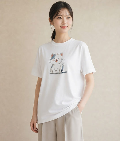 プリントTシャツ レディース ニャンコ 猫 ねこ イラスト 水彩風 デート 帰省 白T YMAZO