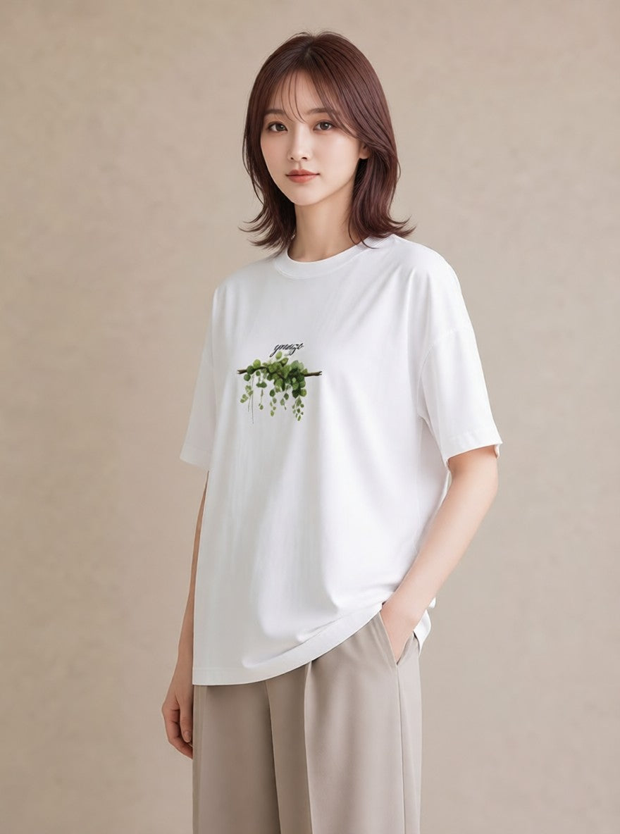 半袖Tシャツ レディース 苔 植物 ボタニカル イラスト モード カジュアルコーデ 買い物 白T YMAZO