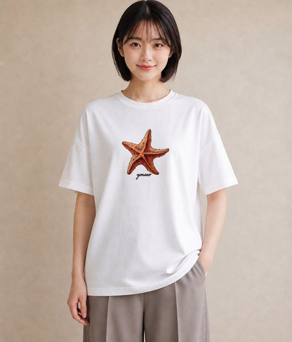 グラフィックTシャツ レディース ヒトデ 海の生き物 海 イラスト ポップ カフェ服 クリスマス 白T YMAZO