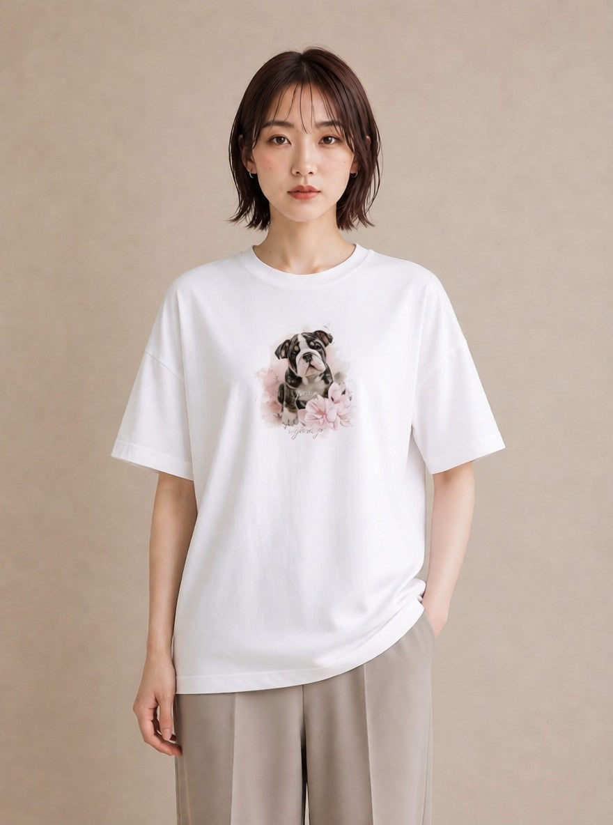 デザインTシャツ レディース 子犬 犬 いぬ イラスト 北欧風 海 カフェ巡り 白T YMAZO