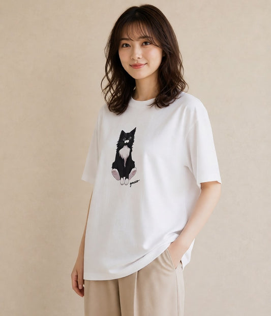 Tシャツ レディース ハチワレ 白黒猫 猫 ねこ イラスト きれいめ 通勤 在宅 白T YMAZO
