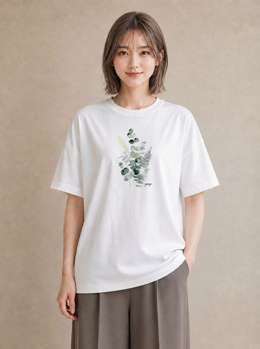 デザインTシャツ レディース シダ 植物 ボタニカル イラスト カジュアル 春服 ミセス 白T YMAZO