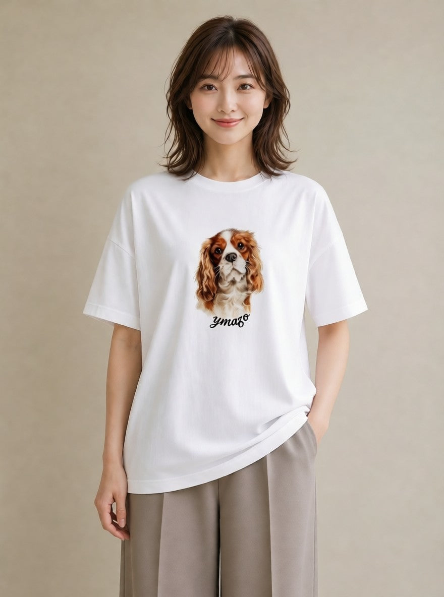 半袖Tシャツ レディース キャバリア 犬 いぬ イラスト ゆるかわ 帰省 ラフ 白T YMAZO